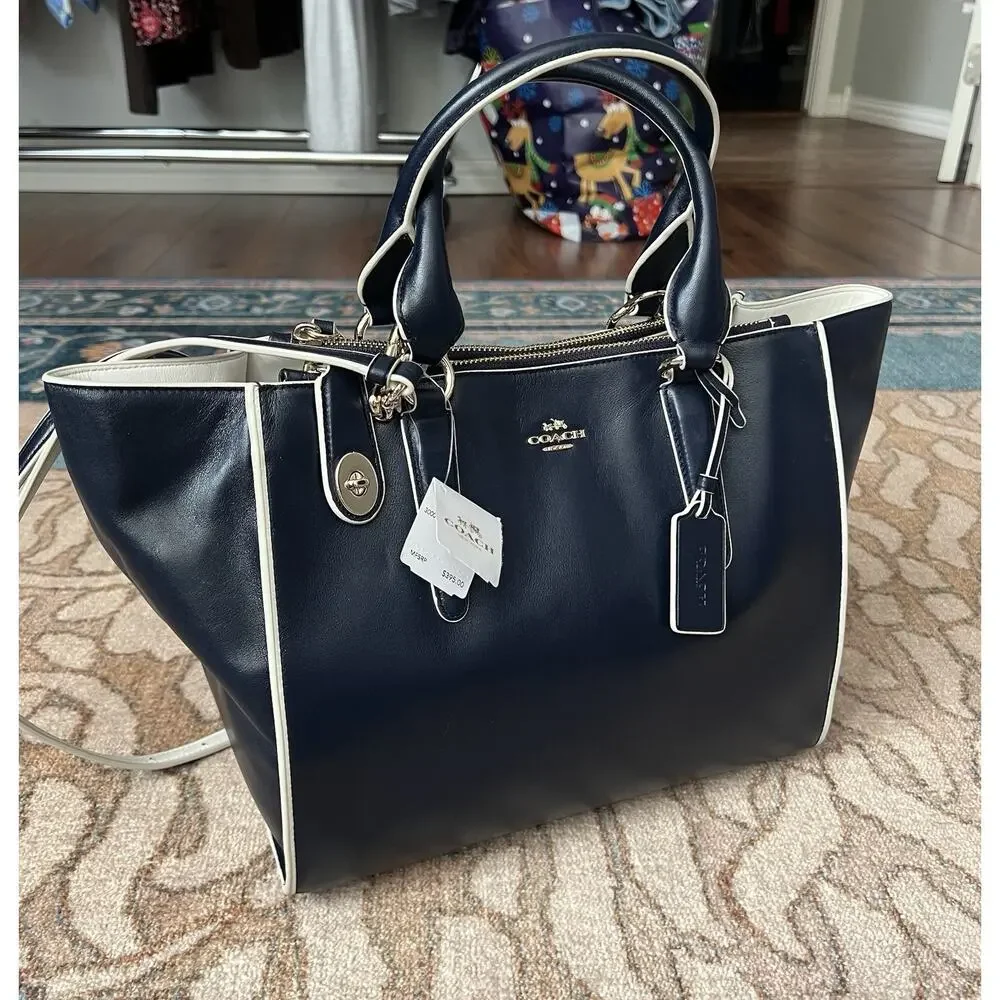 COACH Crosby Navy White Leather Contrast Large Carryall Tote Bag BRAND NEW $395
